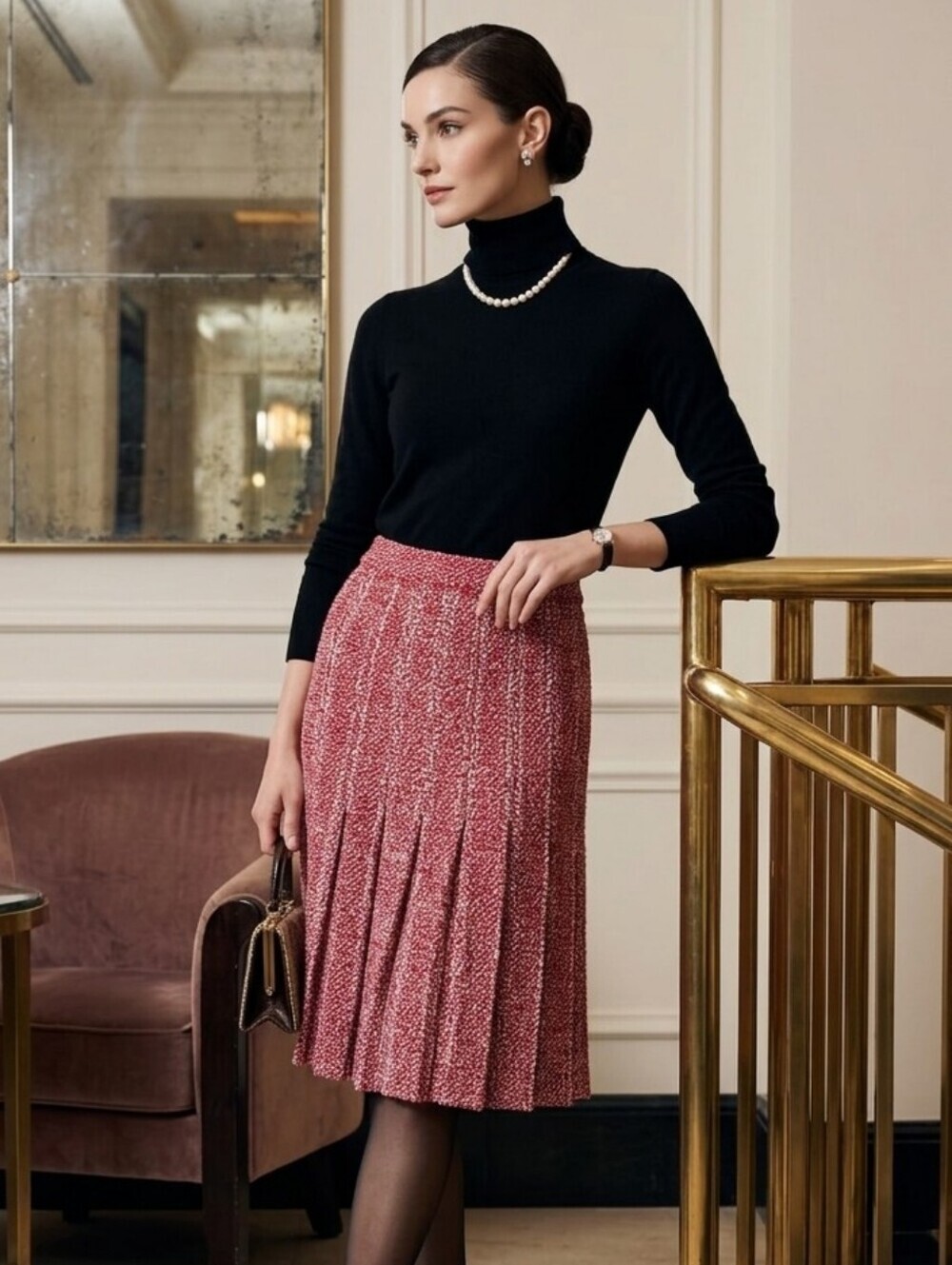 St John Collection By Marie Gray Red Ribbed Knit Pleated Midi Skirt Size 2